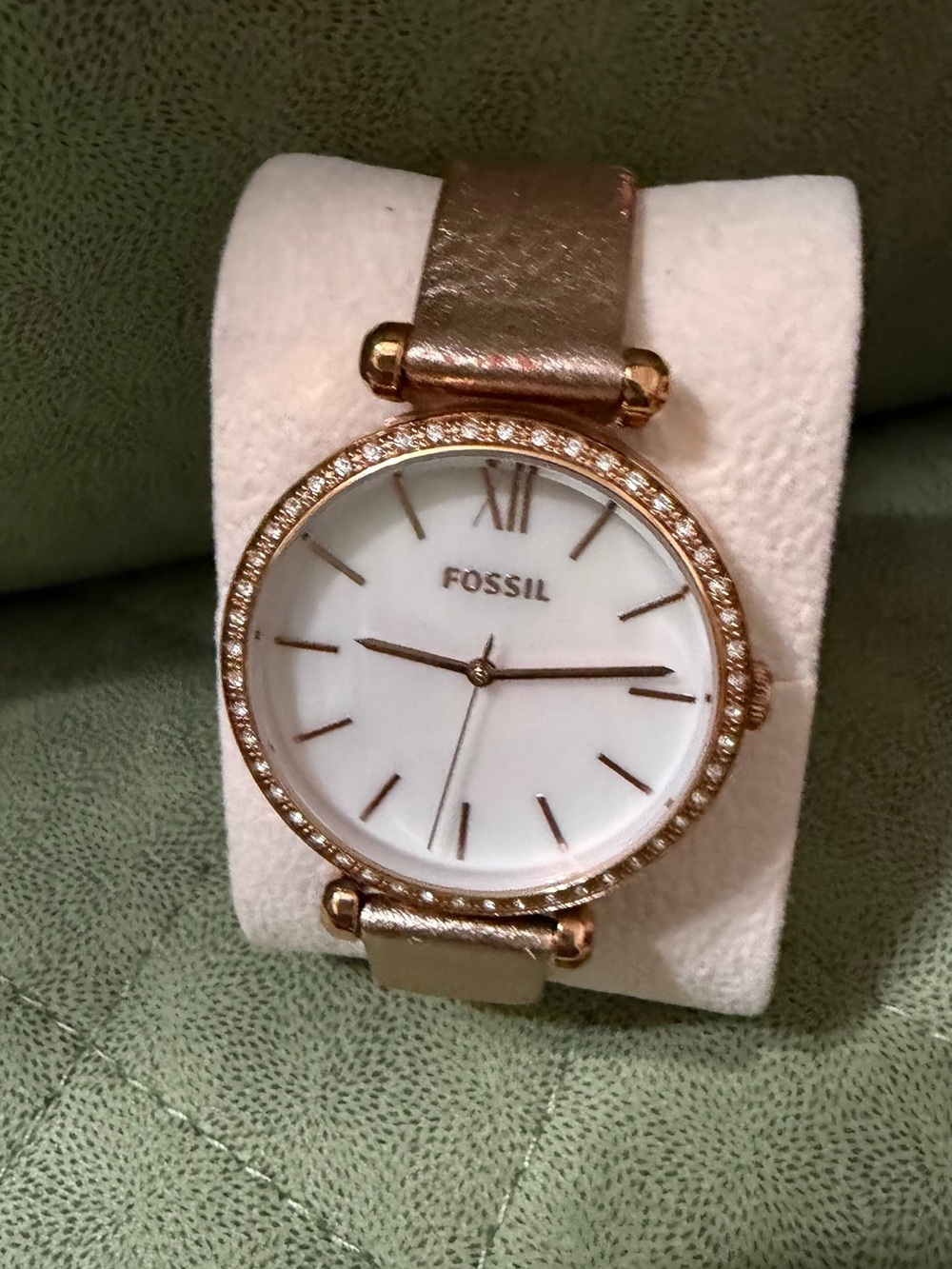 Fossil Rose Gold Crystal-Trim Leather Strap Watch